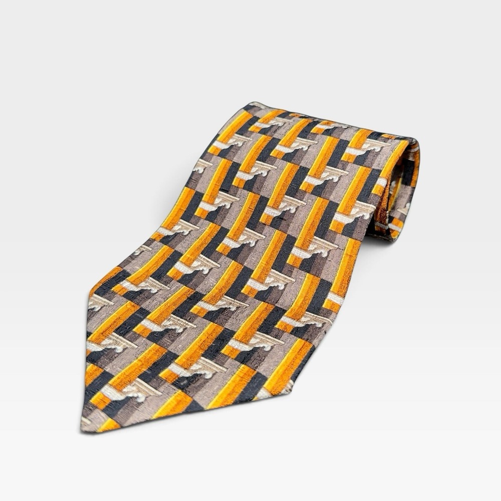 Ermenegildo Zegna Silk Necktie Geometric Architectural Motif Gold Gray Black 57"